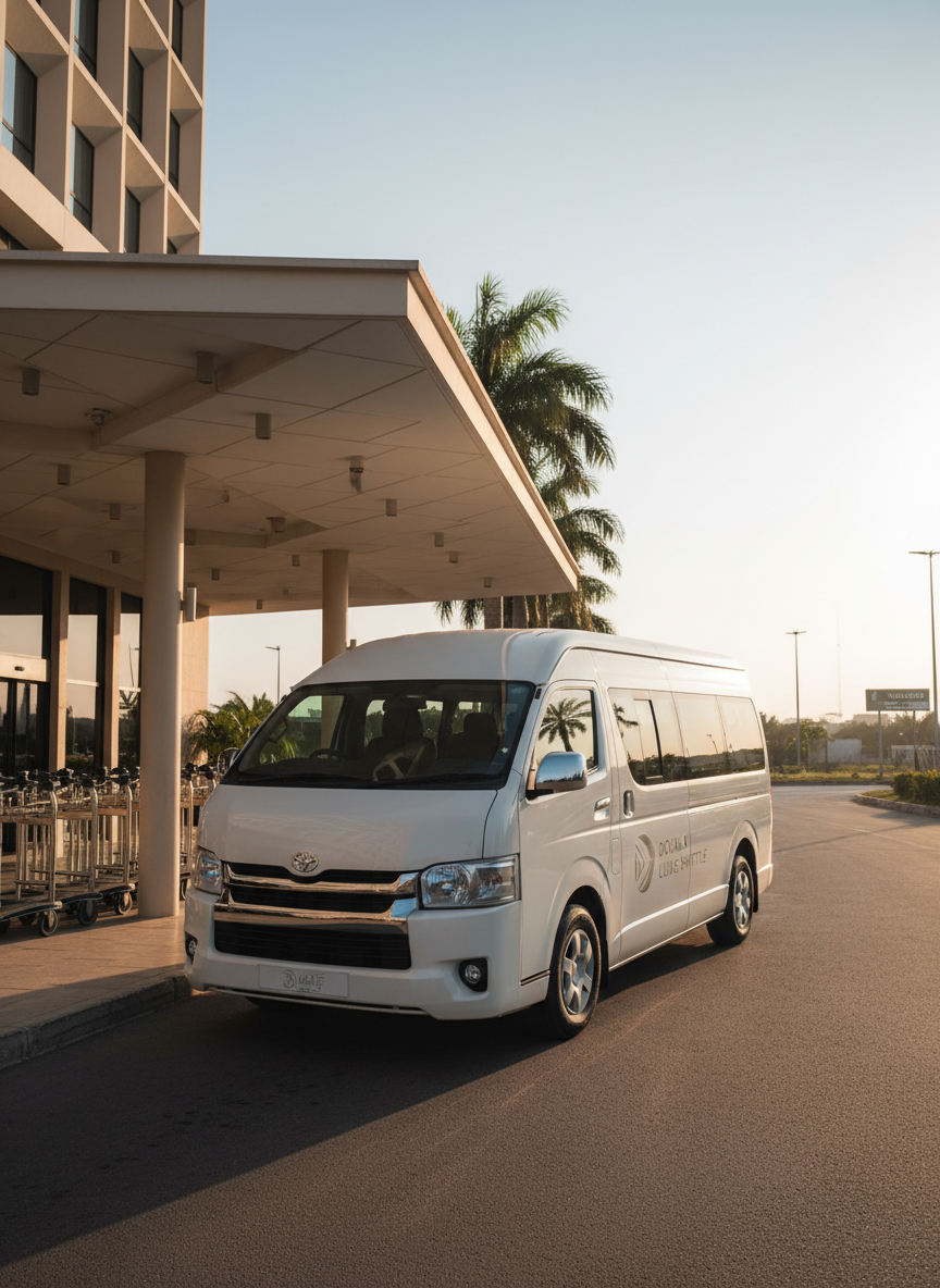 A sleek, modern airport shuttle van in pristine white with subtle branding parked outside a contemporary hotel entrance in Douala, Cameroon. The vehicle’s polished surface reflects nearby palm trees and a clear blue sky. The hotel’s covered drop-off zone, with clean architectural lines and neatly arranged luggage trolleys, frames the scene. Soft late-afternoon sunlight casts gentle shadows and a warm glow on the van’s windows and chrome details. Photographic realism from a slightly elevated, three-quarter front angle, with sharp focus on the shuttle and a softly blurred background road leading toward Yaounde, conveying reliability, professionalism, and seamless airport-to-hotel transport.