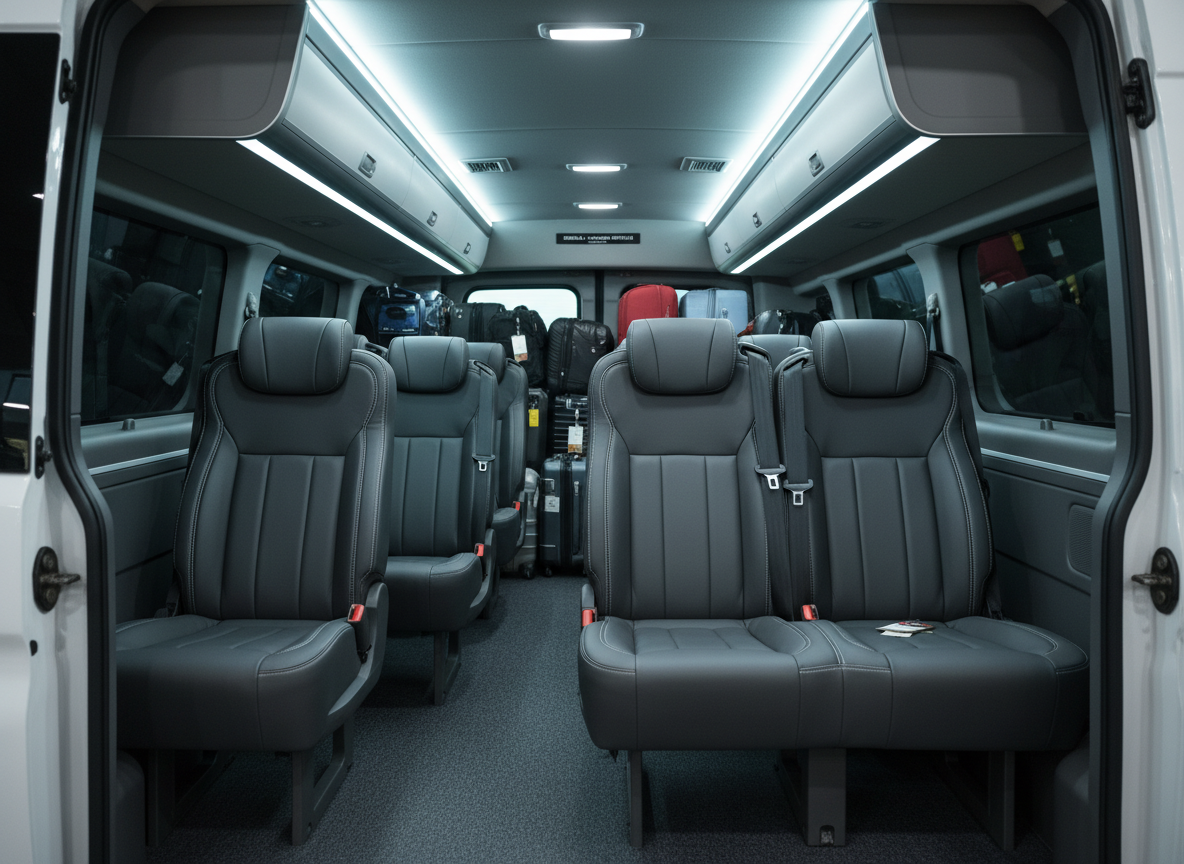 A detailed view of a shuttle van interior designed for airport transfers between Douala and Yaounde, showing two rows of high-quality, dark gray leather seats with neat stitching and adjustable headrests. Overhead compartments are closed and tidy, and a large rear luggage area is visible, holding organized suitcases and travel bags. Soft, cool LED ceiling lights evenly illuminate the cabin, creating a clean, modern ambience. Photographic realism from a wide-angle lens positioned just inside the door, capturing the full depth of the interior with sharp focus throughout. The mood is professional, comfortable, and secure, emphasizing passenger comfort for hotel guests traveling from the airport.