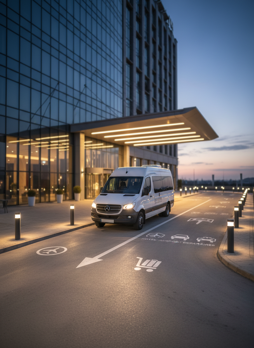 A refined hotel forecourt in Yaounde at early evening, with a designated airport shuttle drop-off lane marked by clear ground symbols instead of text. A clean, white shuttle van is stopped neatly within the bay, its headlights softly illuminated. Discreet directional arrows on the pavement hint at organized flow between hotel, airport, and city. Ambient lighting from modern bollard lights and the hotel canopy casts a gentle, warm glow on the scene, contrasting with a deepening blue sky. Photographic realism from a slightly elevated angle, with sharp focus on the shuttle and drop-off zone and a subtly blurred background entrance, highlighting the professional hotel partnership.