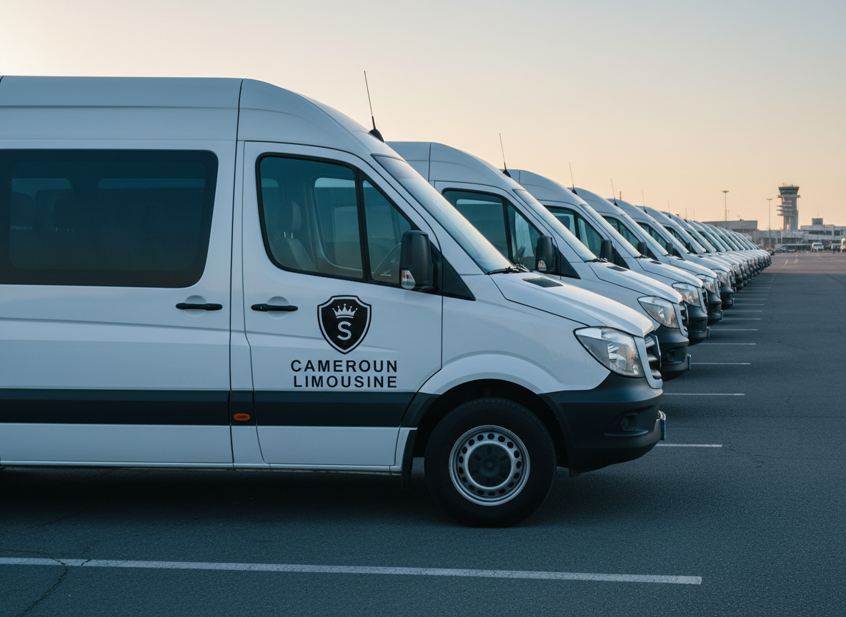 A polished lineup of white and silver airport shuttle vans parked in a fleet lot at dawn. On the side doors of each van, the Cameroun Limousine logo is clearly displayed — a black shield emblem with a crown and the letter "S", with bold black text reading "CAMEROUN LIMOUSINE" underneath. The logo is crisp, centered on the van doors, and professionally applied like a real vehicle wrap. Cool early-morning light, soft blue tint, warm edge glow on the rooflines. Low wide-angle photographic realism, first van in sharp focus, others receding into gentle blur. Professional fleet feel conveying reliability and luxury.