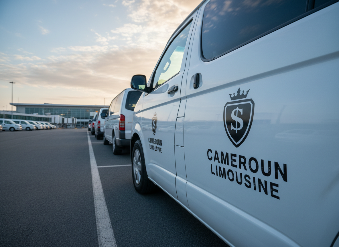 A polished lineup of white and silver airport shuttle vans parked in a fleet lot at dawn. On the side doors of each van, the exact Cameroun Limousine logo is prominently displayed: a black shield emblem with a crown and the letter "S" in the center, with bold distressed black text reading "CAMEROUN LIMOUSINE" beneath it. The logo is large, crisp, and professionally applied like a real vehicle wrap decal. Cool early-morning light, soft blue tint, warm edge glow on the rooflines from the rising sun. Low wide-angle photographic realism, first van in sharp focus, others receding into gentle blur. Professional luxury fleet feel conveying reliability and prestige.