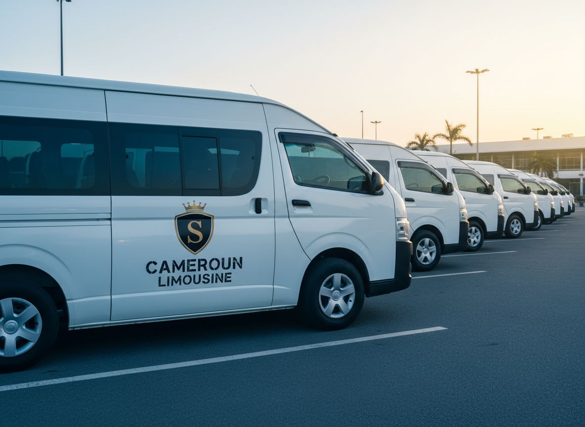 A sleek lineup of white airport shuttle vans parked at dawn. On the side of each van, the Cameroun Limousine logo is prominently displayed as a vehicle wrap: a dark shield emblem with a crown and the letter "S" in the center, with bold distressed black text reading "CAMEROUN LIMOUSINE" beneath it — exactly matching the uploaded logo. The logo is large, crisp, and centered on the van doors. Cool early-morning light, soft blue tint, warm glow on the rooflines. Low wide-angle photographic realism, first van sharp, others in gentle blur. Professional luxury fleet feel.