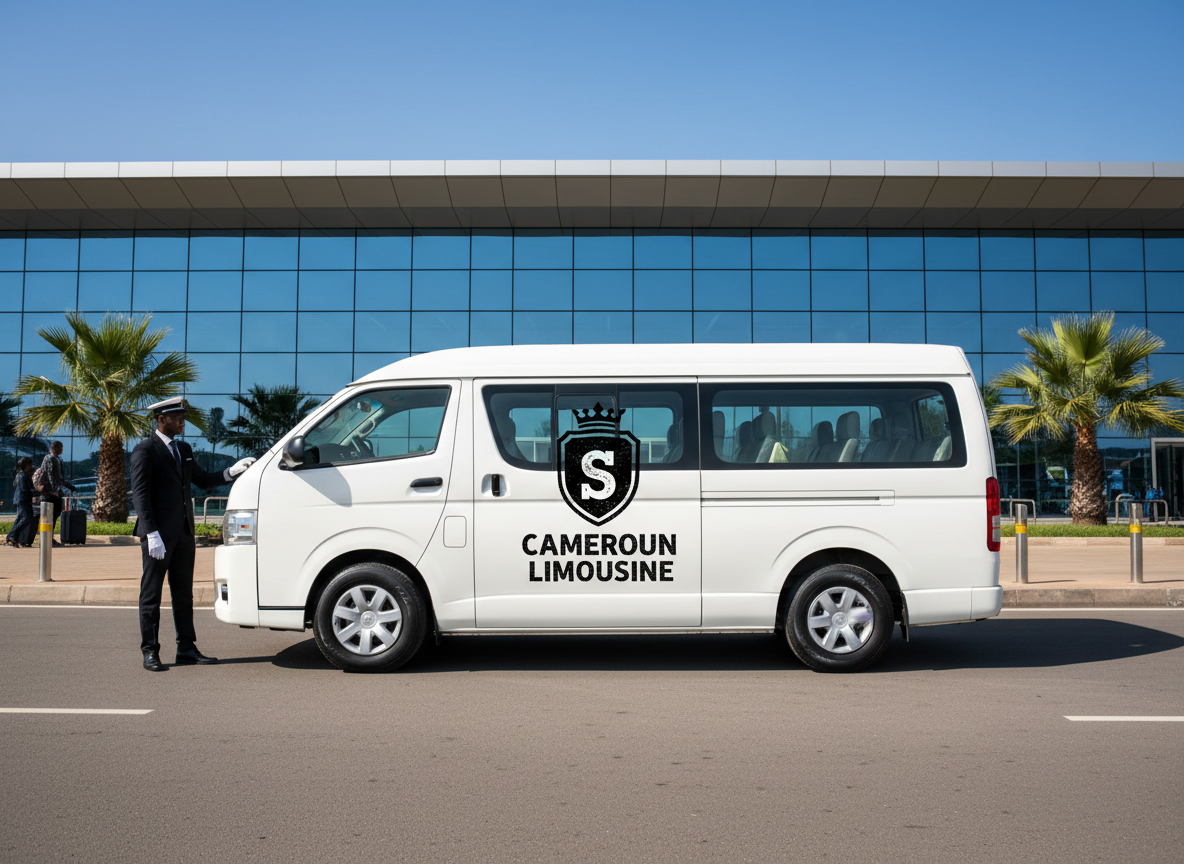 A sleek white Toyota HiAce passenger minivan (8-12 seat airport shuttle) parked outside Yaoundé Nsimalen International Airport terminal. On the side door of the van, the Cameroun Limousine logo is prominently displayed as a professional vehicle wrap decal: a dark shield emblem with a crown on top and the letter "S" in the center, with bold distressed black text reading "CAMEROUN" on the first line and "LIMOUSINE" on the second line beneath the shield. The logo is large, crisp, and centered on the van door. A uniformed driver stands beside the vehicle. Daytime, clear blue sky, professional luxury airport transfer feel. Realistic photographic style, wide angle shot.