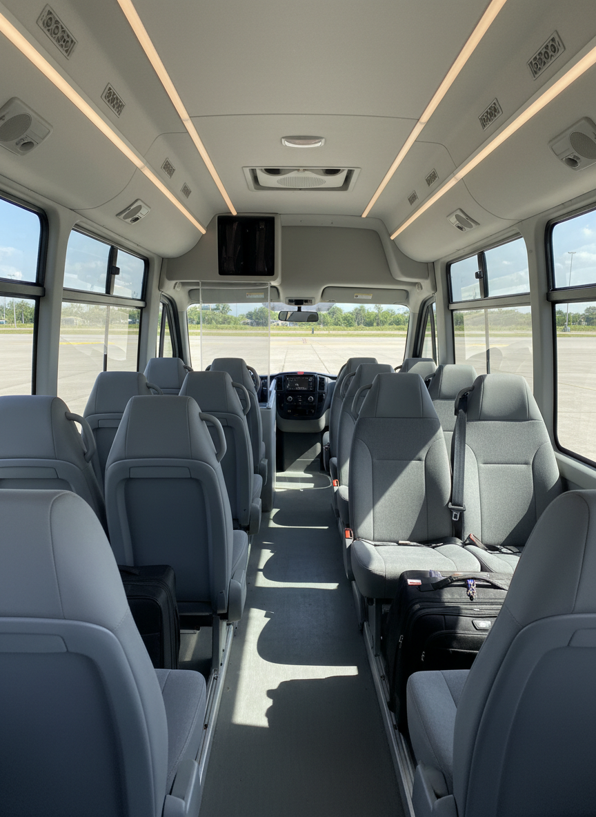 Clean comfortable interior of a modern airport shuttle van with tidy seats and stowed luggage