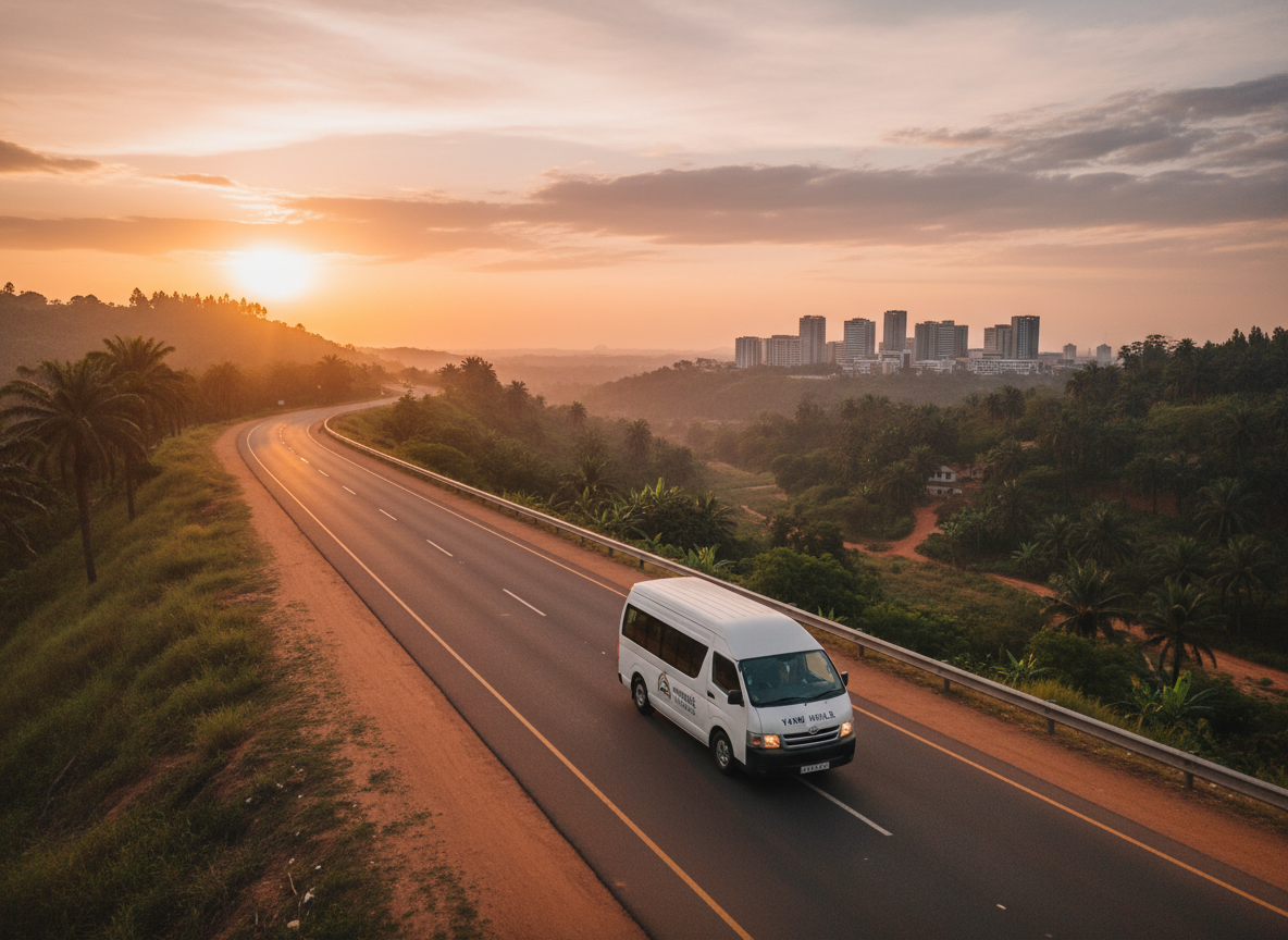 Scenic road along the Yaoundé corridor at golden hour with a clean white shuttle van driving toward the city